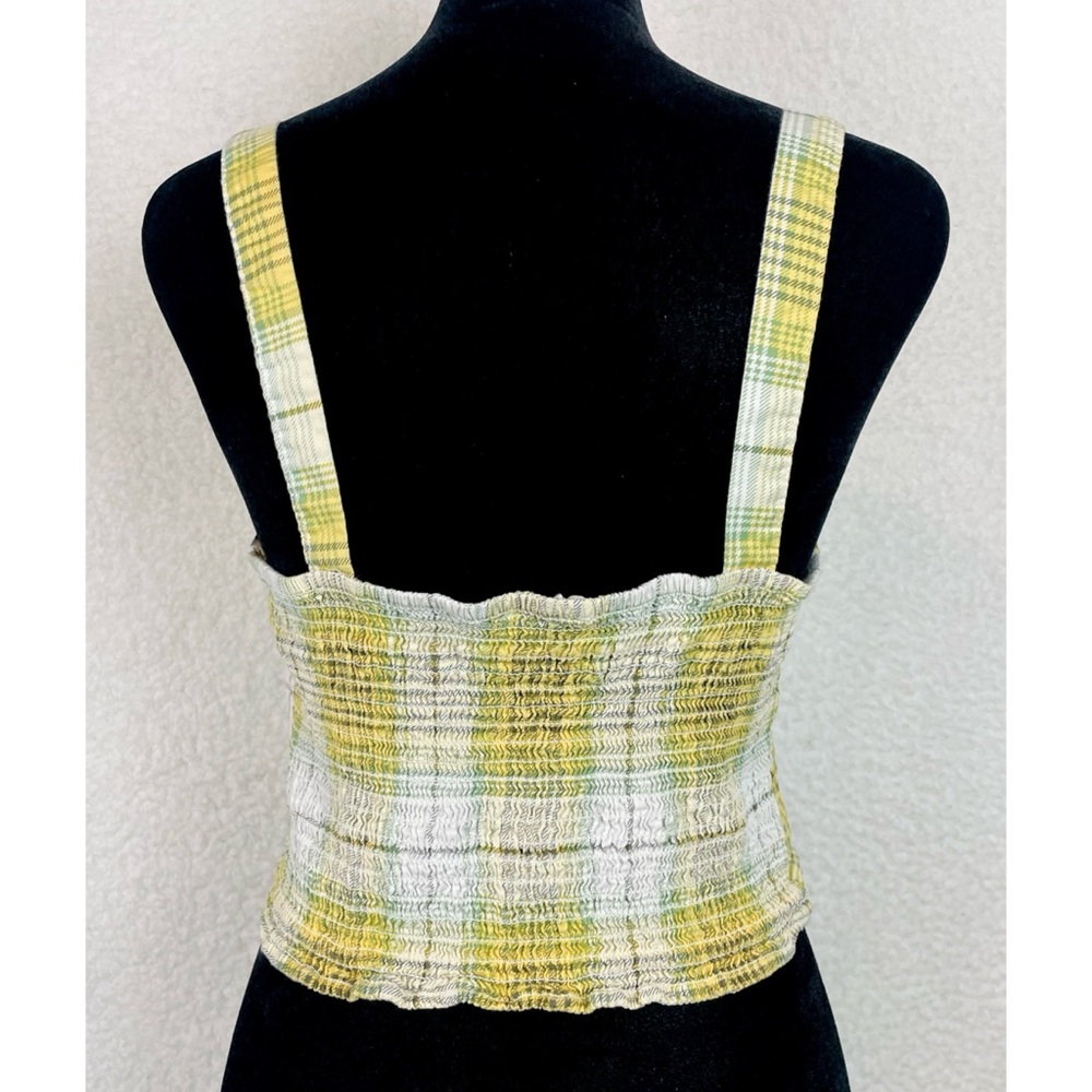 TWINE & STRING • Yellow/Green/White/Brown Plaid Bustier Smocked Crop Top, L - Picture 8 of 16